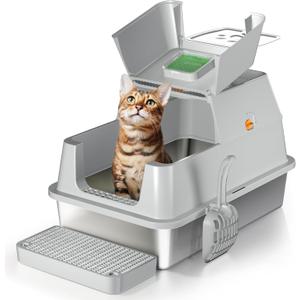 Stainless Steel Cat Litter Box with Lid, 180 Flip-Top XL Extra Large Enclosed Litter Box, Covered Metal High Sided Litter Pan with Steps & Scoop, Easy Cleaning, Odor Control, Non-Sticky-Grey