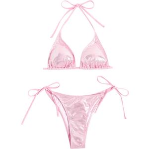 Verdusa Women's 2 Piece Bathing Suit Glitter Triangle Top Tie Side Thong Bikini Swimsuits (Pink)