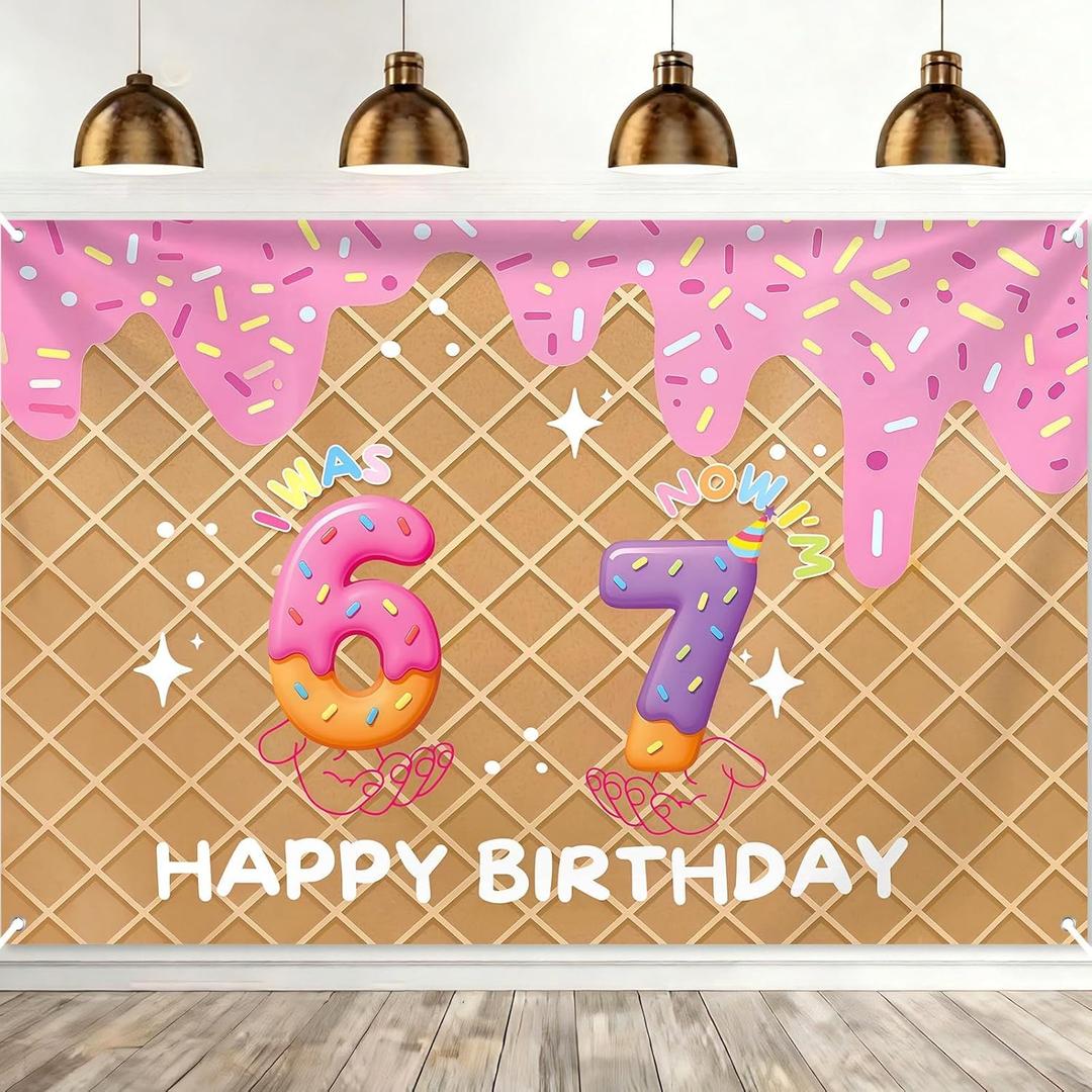 6 7 Birthday Decoration Backdrop,I was 6 Now I'm 7 Birthday Backdrop Banner, Ice Cream Drip Sweet Funny Number Pattern Wall Background for Girl Boy 7th Bday Party Decoration