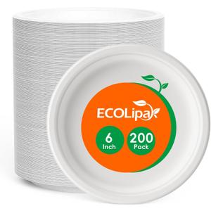 ECOLipak 6 Inch Disposable Compostable Small Paper Plates, 200 Pack Recycled Sugarcane Bagasse Biodegradable Heavy Duty Mini Dinner Appetizer Cake Dessert Plates for Party(White)