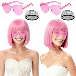 2 Pack Pink Short Bob Wig with Bangs for Women, Girls Neon Bobs Colorful Party Wigs with Heart Sunglasses for Princess Fairy Theme Party Outfit Birthday Cosplay Valentine's Day Daily Fun
