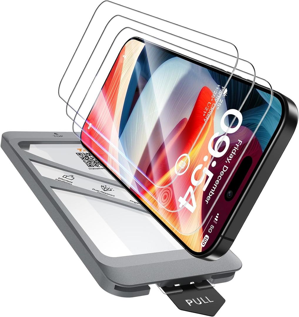 TAURI 4 in 1 for iPhone 15 Screen Protector, 3 Pack Tempered Glass Film + 1 Dust Free Easy Installation Tool, 9H Hardness Bubble Free Micro-curved Edges HD Screen Protector for 15