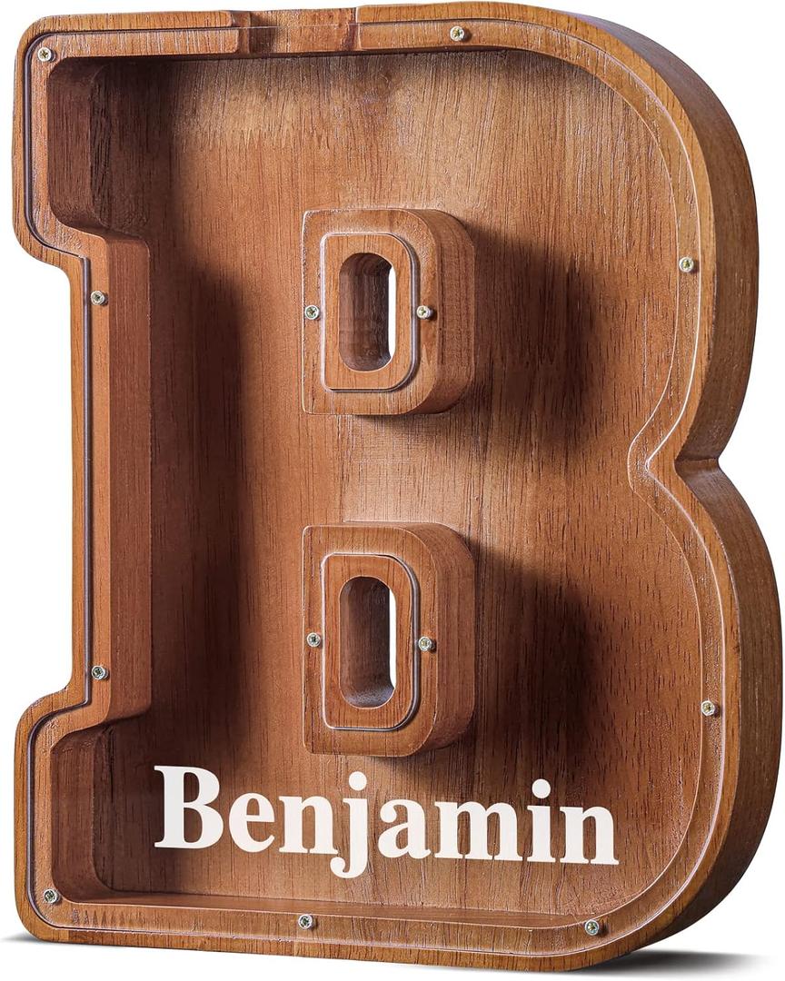 Summidate Customized Name Extra Large Wooden Piggy Bank for Kids Boys Girls Alphabets Letter A-Z Coins Bills Money Change Saving Box (Laser Engraved) Educational Toys 12"- Letter B