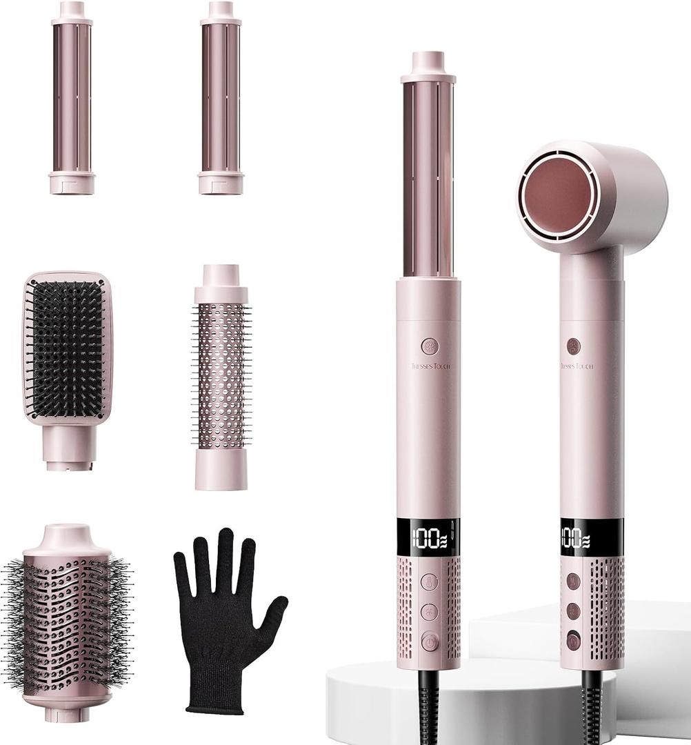 6 in 1 Blow Dryer Brush Set Grey/Pink Blind Boxes, Powerful Hair Dryer Brush with Auto-Winding Curl L/R, Fast Drying, Smooth Blowouts, Root-Lift Volume, No Heat Damage Frizz-Free Thermal Brush