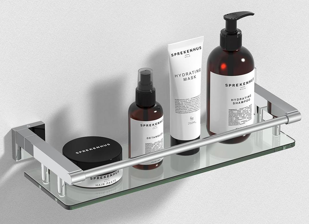 Glass Shelves for Wall, Chrome Stainless Steel & Tempered Glass Glass Shelf for Bathroom, Shelf Sink Over Toilet Bathroom Organizer (16-inch, Polished) (16 with Railing)