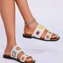 GORGLITTER Women's Boho Floral Crochet Sandal Retro Double Strap Woven Pattern Flat Sandals Vacation Open Toe Trending Shoes (White)
