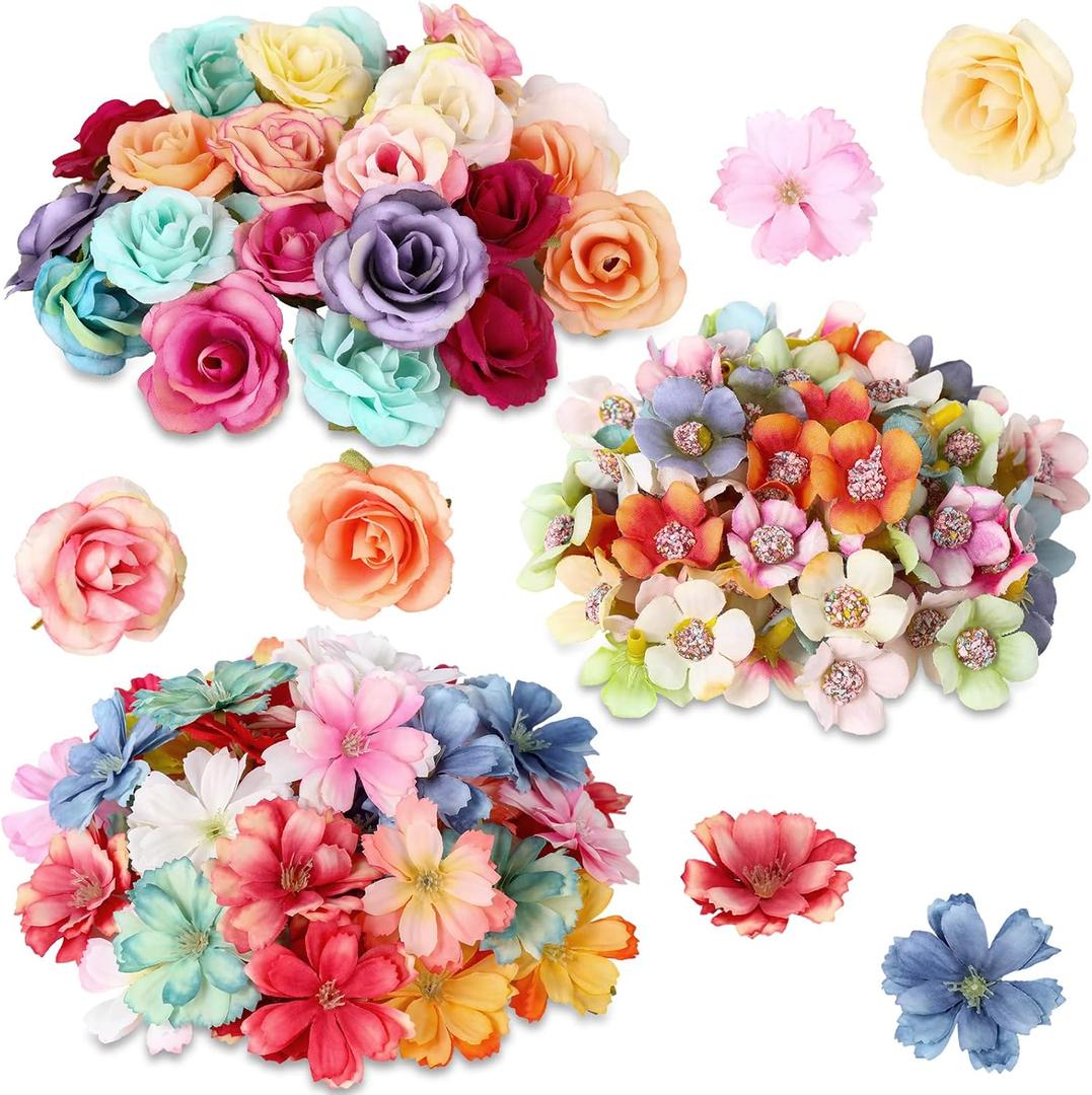 Hanaive 160 Pcs Faux Flower Heads Mini Artificial Flower Heads Fake Peony Daisy Rose Plum Blossom Multicolor Small Silk Floral Bulk for Crafts Garland Wedding Party DIY Home Halloween Decoration