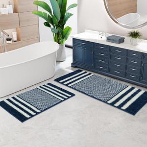 Bathroom Rugs Set 2 Piece, Extra Soft and Absorbent Fluffy Striped Chenille Bath Mat Rug Set, Non Slip Bathroom Floor Mat, Machine Washable (21" x 47" Plus 20" x 32", Navy Blue)
