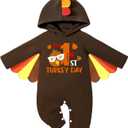 NAPU My First Thanksgiving Baby Boy Outfit Cute Turkey Romper Long Sleeve One Piece Jumpsuit Hat 2Pc Baby Thanksgiving Outfit (6-9 Months)