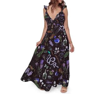 Womens Summer Dresses Mystical Gothic Maxi Dress Women's Casual V Neck Sleeveless Sundresses Beach Outfits for Woman (Black, XL)