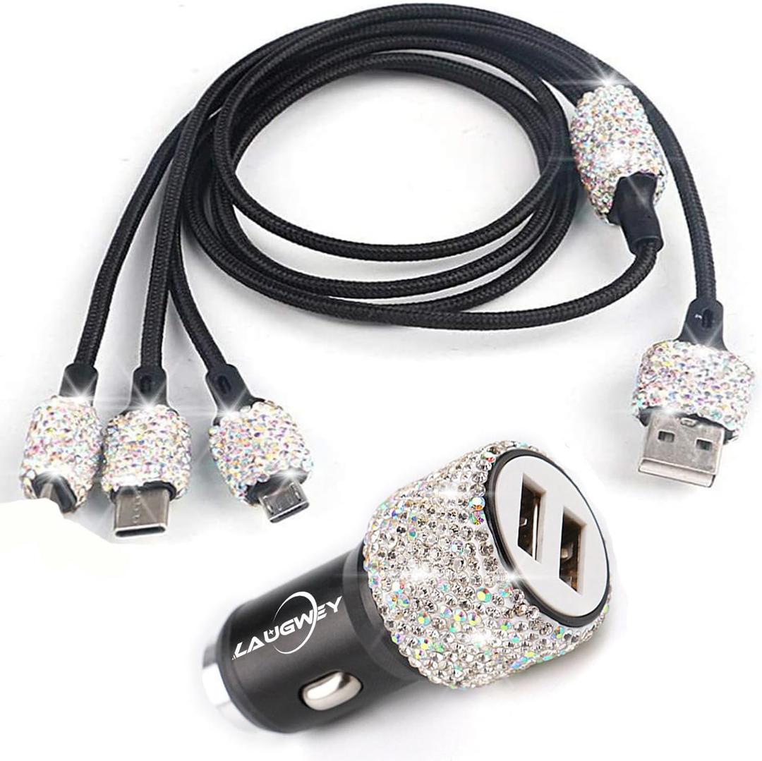 Bling Car Charger Accessories Set,Rhinestone Dual USB Car Chargers + Bling 3 in1 Nylon Braided Charging Cable,Bling Crystal Decoration Car Accessories Kits for Girl and Women (Multicolor)