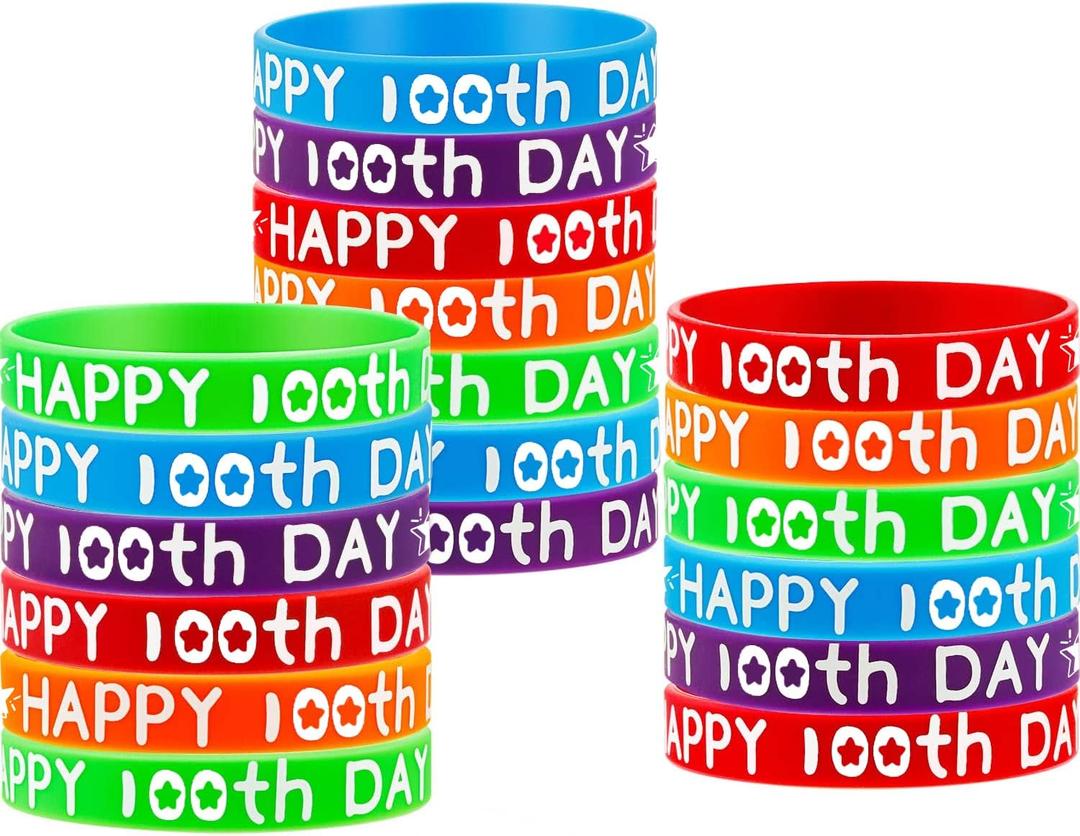 WILLBOND 50 Pcs Happy 100th Day of School Silicone Bracelets Colorful Rubber Wristbands Gift for Kindergarten Teacher Student Rewards Classroom Party Supplies Decoration