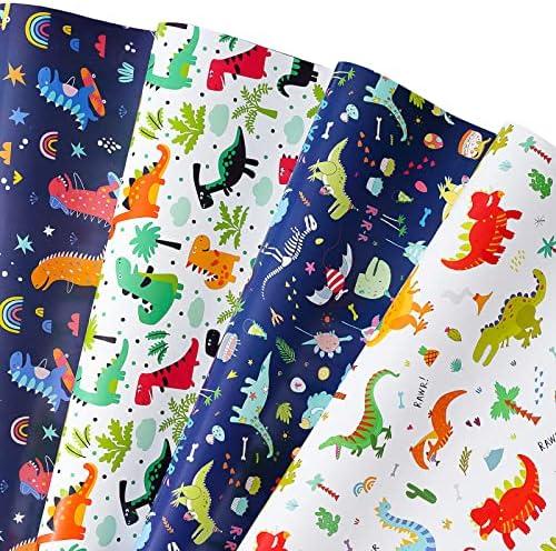 Titiweet Dinosaur Wrapping Paper for Boys Girls Kids - Dinosaur Gift Wrap, 12 Sheets Dino Wrapping Paper for Christmas Birthday Holiday, 20 x 28 Inches Per Sheet