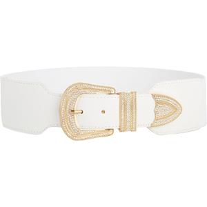 Sparkly Wide Stretchy Rhinestone Waist Belt for Women Vintage Bling Elastic Buckle Belt for Ladies Dresses (White)