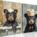 Bear Bathroom Wall Art Set of 2 Funny Animal Pictures Wall Decor Canvas Black Bear Decor Prints Cute Humorous Paintings for Bathroom Restroom Home Decoration 16×24 inch Framed