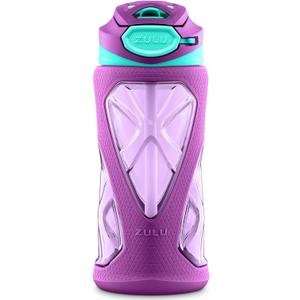 ZULU Torque 16oz Plastic Kids Water Bottle with Silicone Sleeve and Leak-Proof Locking Flip Lid, Soft Touch Carry Loop for School Backpack, Lunchbox, BPA-Free Dishwasher Safe, Purple