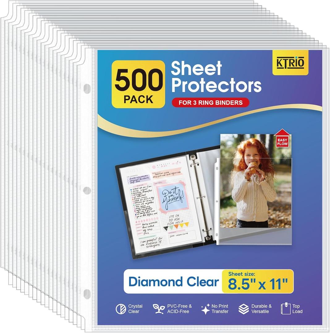 KTRIO Sheet Protectors for 3 Ring Binder 500 Pack, Clear Page Protectors 8.5 x 11, Plastic Binder Sleeves for Paper, Top Loading, Office Home School