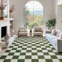 Washable Rug 8x10 Checkered Rug, Green and White Area Rug, Boho Large Rugs for Living Room, Low Pile Lightweight Indoor Carpet with Non-Slip Backing for Bedroom Classroom Playroom Kids
