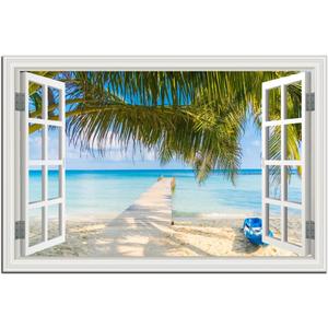 YRYWAWA Beach Canvas Wall Art Ocean Landscape Painting for Living Room & Bedroom, White Window Frame Style, Coastal Decor, 24x36 Inch