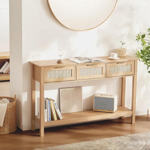 VEVOR Rattan Console Table with 3 Storage Drawers, Rattan Entryway Table with Natural Rattan Sliding Door, Console Sofa Table for Living Room, Study, Entryway Or TV Wall, Natural