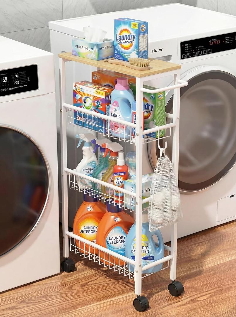 Rolling Utility Cart, 4Tier Slim Narrow Storage Cart with Wheels for Kitchen, Laundry Room Organization, Metal Bathroom Organizer with Wood Top, Natural Wood Color, 17.3" x 7.9" x 32.6"