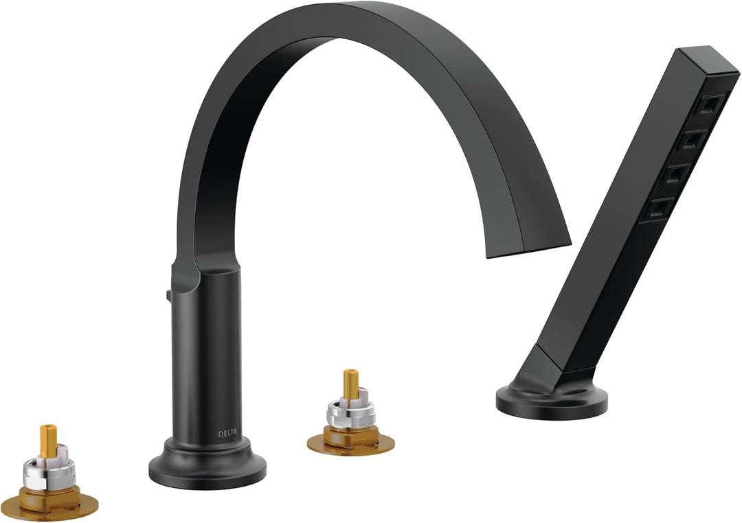Delta T4788-LHP Tetra Deck Mounted Roman Tub Filler with Built-In Diverter and Hand Shower - Less Handles and Rough In - Matte Black