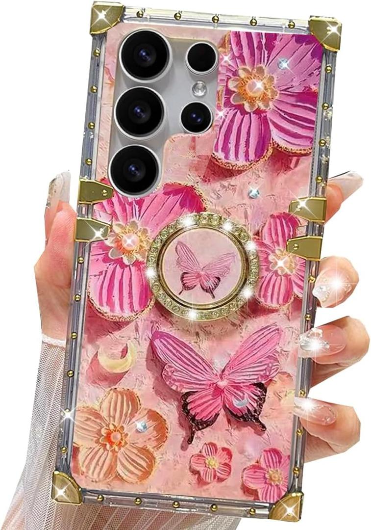 for Samsung Galaxy S25 Ultra Glitter Floral Case, Cute Colorful Retro Oil Painting Printed Flowers Butterfly Bling Sparkly Ring Kickstand Shockproof Women Girls Case for Galaxy S25 Ultra,Pink