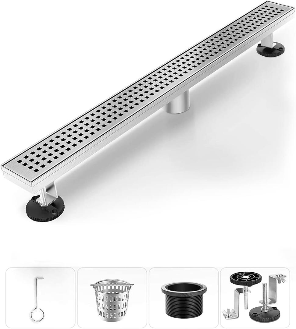 Linear Shower Drain, Shower Drain 28 Inch(Brushed Nickel), Modern 304 Stainless Steel Shower Floor Drain with Grate Removable, Adjustable Leveling Feet, Rectangular Shower Drains for Bathroom
