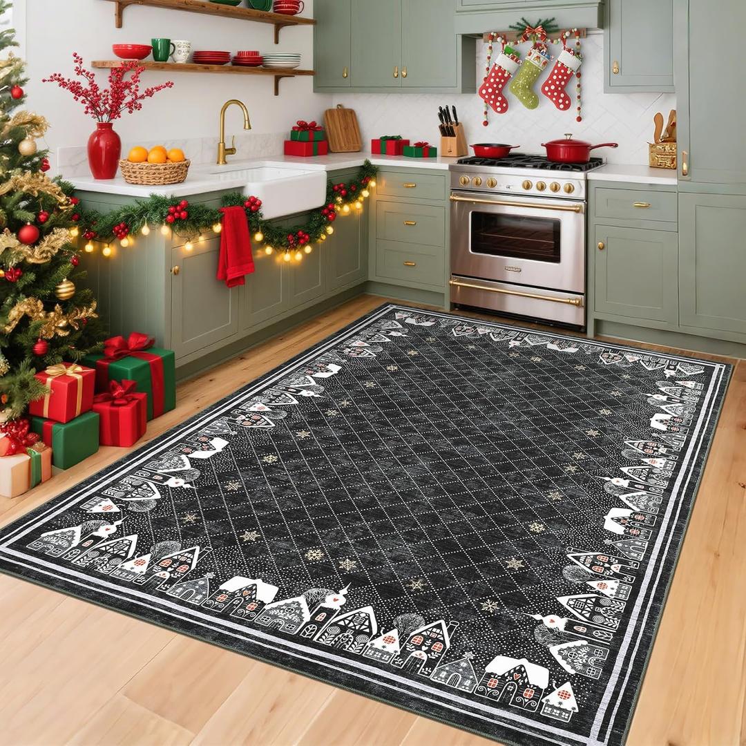 4x6 Area Rug for Holiday Washable Christmas Rugs for Bedroom Living Room Non Slip Low Pile Large Dining Room Throw Carpet Modern Bordered Xmas Decoration Rugs for Entry Nursery Kitchen Kids Room, Grey