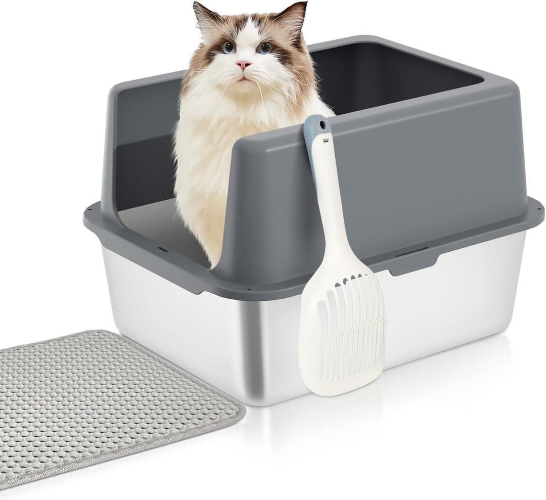 Stainless Steel cat Litter Box, Covered Metal Litter Box, cat Litter Pans with high Sides, Kitty Litter Boxes for Indoor Cats (Non Sticky, Easy to Clean, Anti-Urine Leakage) 17.5" L x 13.5" W x 6" H