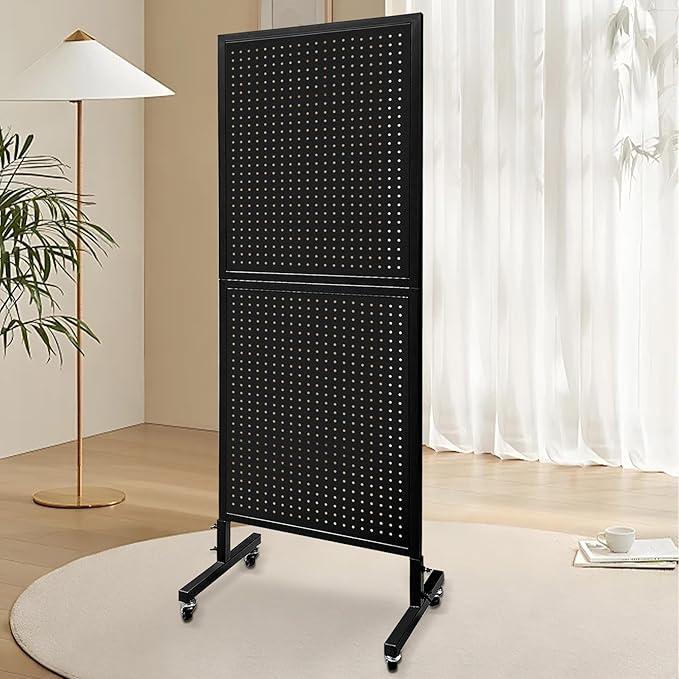 Metal Pegboard with 30 Hooks, Peg Board Display Stand, Standing Pegboard Display with Wheels, Black 32 x 25 in