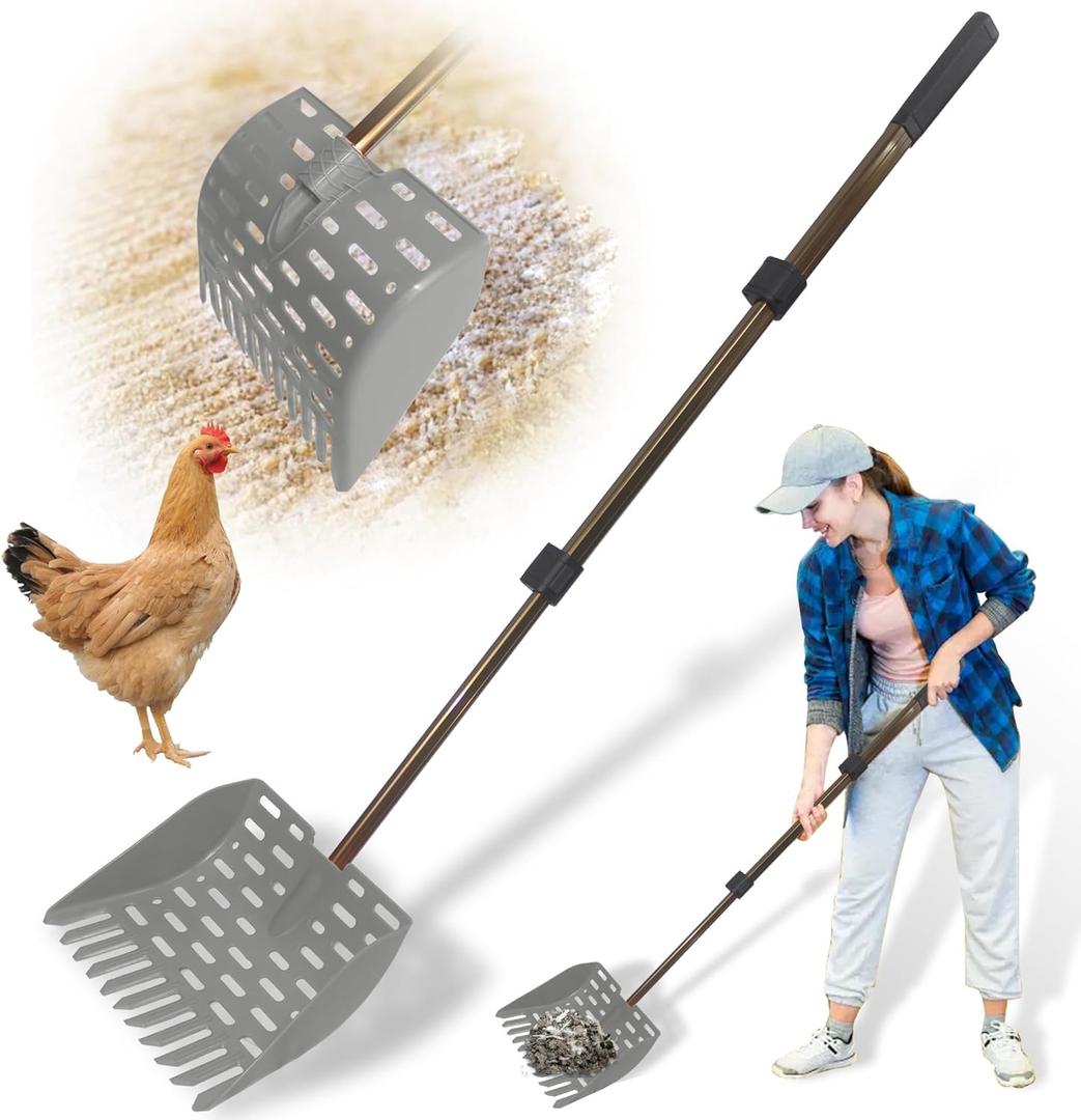 Telescopic Chicken Dog Poop Scooper & Rake 2-in-1 Chicken Litter Scoop for Chicken Coops & Small Farm Animals Sand Sifting Litter Shovel (Gray)