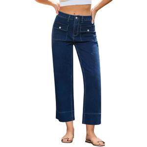 GRAPENT Wide Leg Jeans for Women Trendy High Waisted Straight Leg Cropped Stretchy Denim Pants with Retro Patch Pockets (Large, Nightfall Blue)