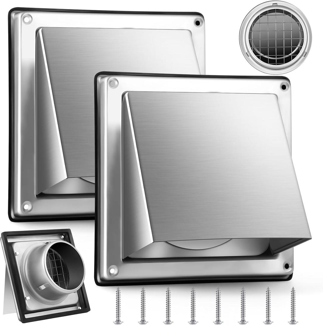 Gisafai 2 Pcs 4" Dryer Vent Cover Outdoor Walls Dryer Exhaust Vent Cover External Dryer Vent Cap Stainless Steel Outside Dryer Vent Hood Cushioned Non Return Flap with Sealing Gasket Grille Screen
