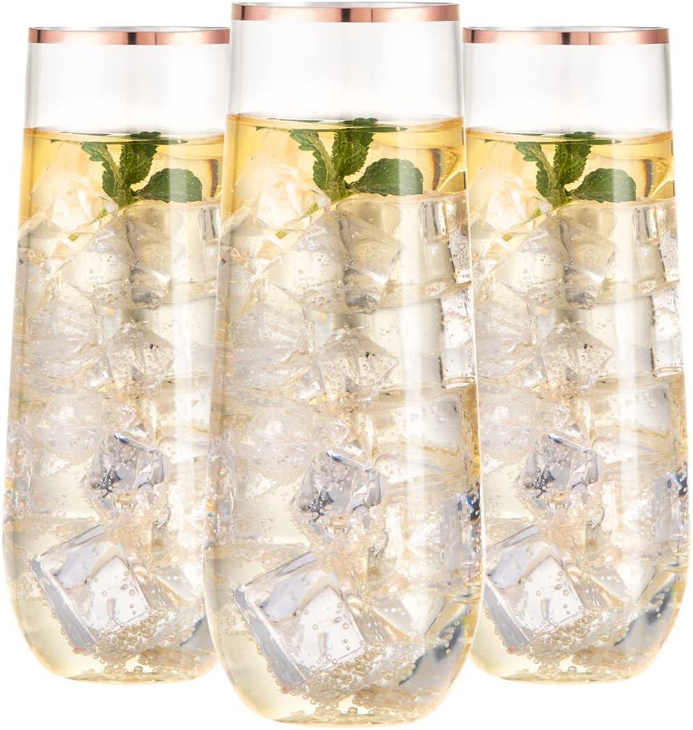 SUT 24PCS Rose Gold Champagne Flutes Plastic, 9oz Stemless Plastic Champagne Glasses, Rose Gold Rim Clear Toasting Glasses, Unbreakable, Shatterproof Mimosa Glasses, For Party,Shower
