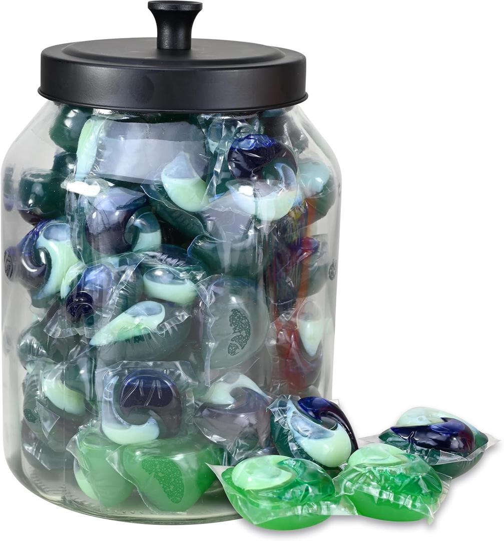 TidyFriend Glass Laundry Pod Container Jar with Lid, Laundry Pod Storage Container for Laundry Room Organization (Clean Jar with Black Lid)