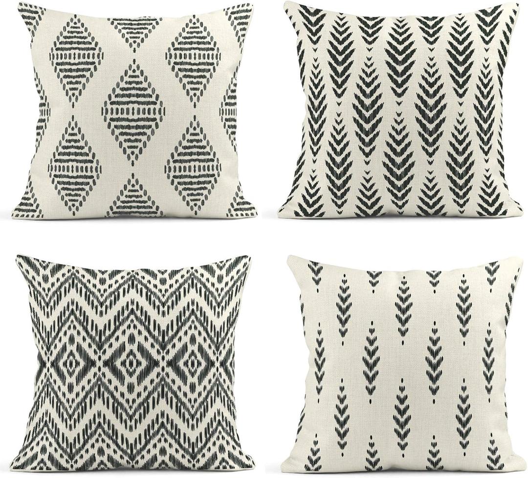 ArtSocket Set of 4 Throw Pillow Covers Ikat Tribal and Boho Bohemian Black Ethnic Herringbone for Ideas Decor Linen Outdoor Pillow Cases Home Decorative Square 18x18 Inches Pillowcases