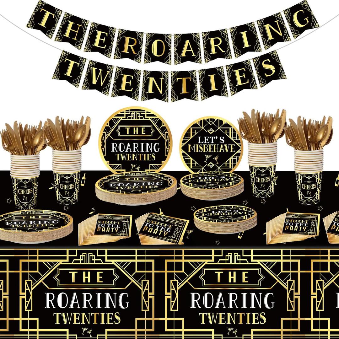 188 Pcs Roaring 1920's Party Tableware Set, 24 Guests Black and Gold Birthday Party Tablecloth Dinner Plates Dessert Plates Cups and Napkins for Speakeasy 1920s Vintage Wedding Party Supplies