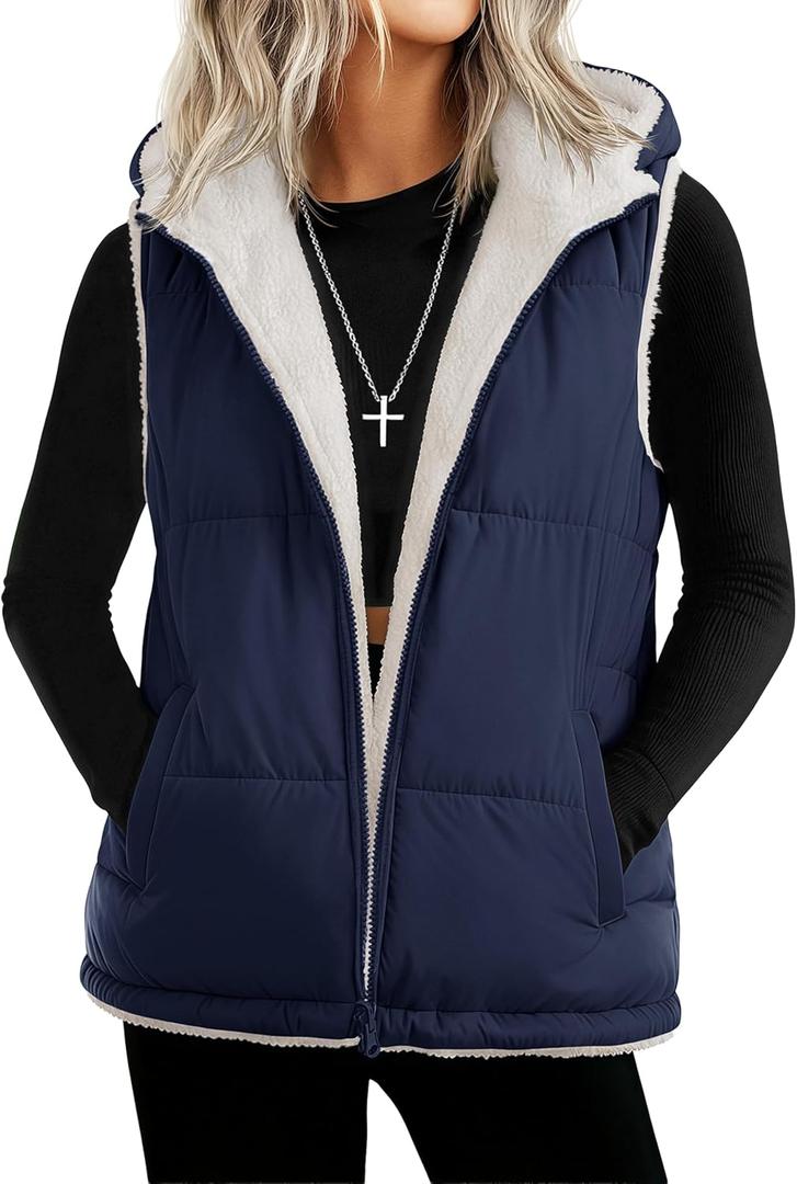 YUCOLEN Womens Puffer Vest Reversible Hooded Fleece Coat Quilted Zip Up Sleeveless Jacket Winter Outerwear with Pockets
