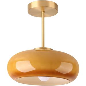Brass Modern Hallway Ceiling Light - Orange Glass Ceiling Lamp with Dome Shade, Gold Mid Century Semi Flush Mount, Bedroom Entrance Light Fixture