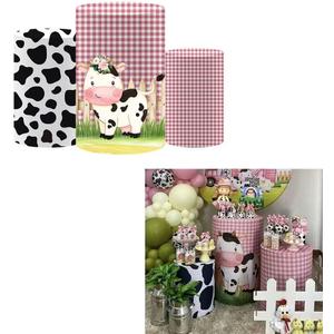 Cows Pink Plaids Spandex Round Cylinder Pillars Covers for Barn Farm Birthday Party Decorations Pedestal Stand Tablecloth Cover Kids Baby Shower Parties Props(Fit for D14''xH30'' Tables)