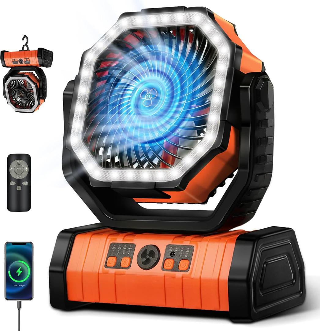 YOGIN Rechargeable Battery Powered Fan, 20000mAh Portable Camping Fan with 360 Adjustable Head, 4 Speeds & LED Light, Quiet Outdoor Fan for Tent, Desk, Travel, Home Use