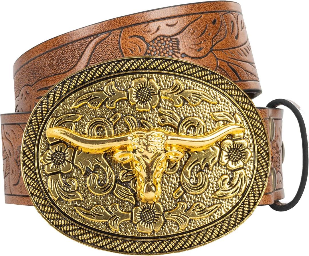 UTOWO Women Vintage Western Belt with oval-Longhorn-Buckle Cowgirl Bull-PU-Leather Waist Cowboy Belt for Jeans 1.5in Wide