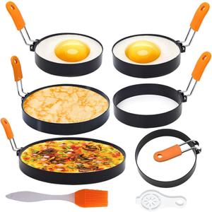 6 Pcs Professional Egg Ring Pancake Ring Set,8" Large Omelette Ring,6" Pancake Ring,4" Round Egg Ring, Non-stick Stainless Steel Egg Cooking Rings Set for Griddle Frying Eggs with Silicone Handle
