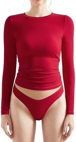 OMKAGI Women Long Sleeve Shirts Cotton Ribbed Fitted Basic Tops Crewneck Y2K Top(S, Red)