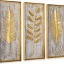 Villa Como Gold Metal Wall Art with Wooden Base, Metal Frame Gold Wall Decor with Botanical Leaves, Farmhouse Golden Wall Decor for Home Office Bedroom Bathroom, Golden Hanging Wall Accent Dcor 3Pcs
