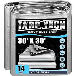 Heavy Duty Tarp 30x30 Feet, 14 Mil Waterproof Poly Tarps Cover UV Resistant, Rip & Tear Proof with Metal Grommets Every 20 Inches Silver Tarp by TA*RP YXCN