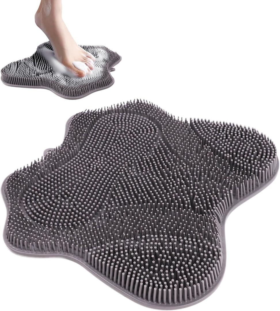 Silicone Foot Scrubber Mat for Shower Bath Foot and Back, Shower Feet Brush Pad with Wall-Mounted Suction Cups (Grizzly)