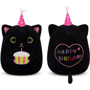 Cat Plush, 14inch Black Cat Plush Birthday Stuffed Animal with Cake, Kawaii Kitten Cuddle Pillow Birthday Gift for Kids Boys Girls Girlfriend