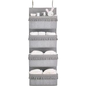 Dahey Over The Door Organizer Boho Nursery Storage Decor Closet Hanging Organizer with Tassels Decoration for Bedroom Nursery Bathroom Apartments Dorm Pantry, 4 Pockets, Grey (Medium)